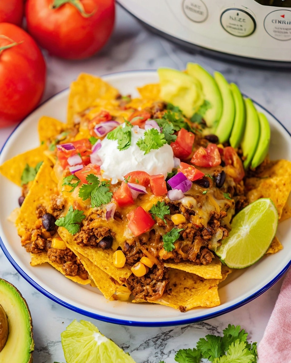 The image shows a white slow cooker filled with a layered dish that includes melted yellow and white cheese, seasoned ground meat, black beans, and corn, topped with bright red salsa and chopped red onions scattered across. On top, there are several dollops of white sour cream, slices of light green avocado, and halved lime wedges, all sprinkled with fresh green chopped cilantro. The slow cooker is placed on a white marbled surface, surrounded by fresh tomatoes on the vine, whole onions, a small bowl with a gold spoon, sprigs of green cilantro, a bright blue cloth, and whole and halved limes with some yellow corn chips around. The scene is bright and colorful with a fresh and savory feel, photo taken with an iphone --ar 4:5 --v 7