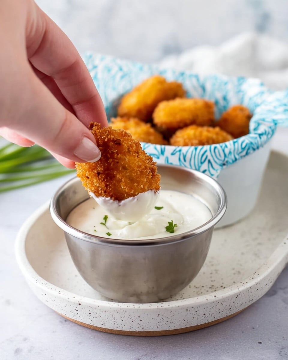 A white plate filled with several orange-brown patties stacked close together, showing crispy textures with some areas having darker brown grill marks on their surfaces, each patty shaped oblong with a slightly crumbly appearance. The plate sits on a white marbled textured surface, with some green leafy herbs blurred in the background and a metal bowl partially visible off to the side. photo taken with an iphone --ar 4:5 --v 7