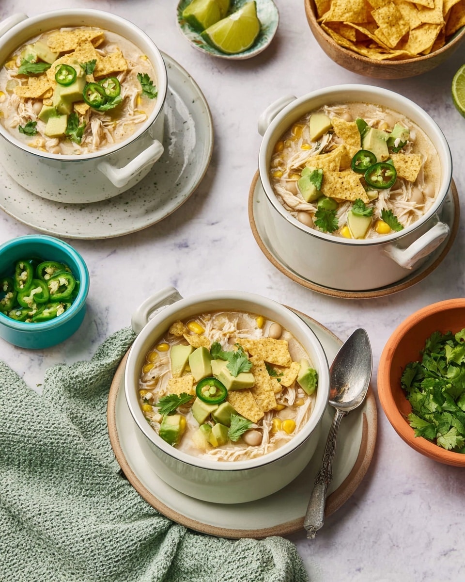 The image shows three white handled pots filled with a creamy chicken soup placed on a white marbled surface. Each pot has shredded chicken, white beans, and pieces of corn at the base, covered with a light beige broth. On top, there are chopped green bell peppers in small cubes, chunky slices of light green avocado, a small dollop of white sour cream, and scattered fresh green cilantro leaves as garnish. Near the pots, there are small bowls containing chopped green bell peppers, fresh cilantro leaves, and lime wedges. A green cloth is casually draped near the bottom left corner. Photo taken with an iphone --ar 4:5 --v 7