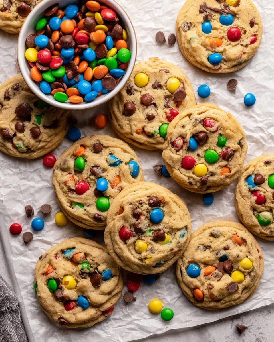 The image shows soft cookies with colorful candy-coated chocolates and small chocolate chips on top. One cookie is stacked slightly on another, with a bite taken out, showing the chewy inside filled with melted chocolate and green candy pieces. The cookies have a light golden-brown color and a textured surface with the candy and chips embedded on top. The cookies are placed directly on a white marbled surface, with additional colorful candy pieces scattered around. photo taken with an iphone --ar 4:5 --v 7