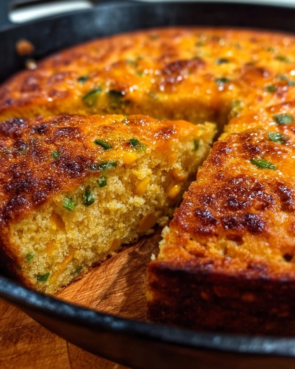 The image shows a golden-brown cornbread with a slightly crispy top, baked in a black skillet. The cornbread is cut to reveal its inside, which is moist and has visible bits of green herbs and small pieces of orange corn throughout. The crust has a rich, toasted texture, while the inside looks soft and fluffy with specks of green and orange evenly spread. The skillet sits on a wooden board placed on a white marbled textured surface. photo taken with an iphone --ar 4:5 --v 7