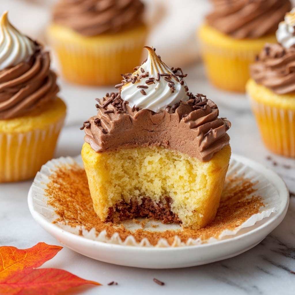 A close-up of a pumpkin cheesecake cupcake with three visible layers: a crumbly brown crust at the bottom, a thick orange pumpkin cheesecake layer in the middle with a bite taken out showing its soft texture, and on top a swirl of smooth light brown chocolate frosting. The cupcake is finished with a perfectly toasted white meringue peak that has golden brown stripes. The cupcake sits inside a peeled white paper liner on a white marbled surface, with more similar cupcakes blurred in the background. Photo taken with an iphone --ar 4:5 --v 7