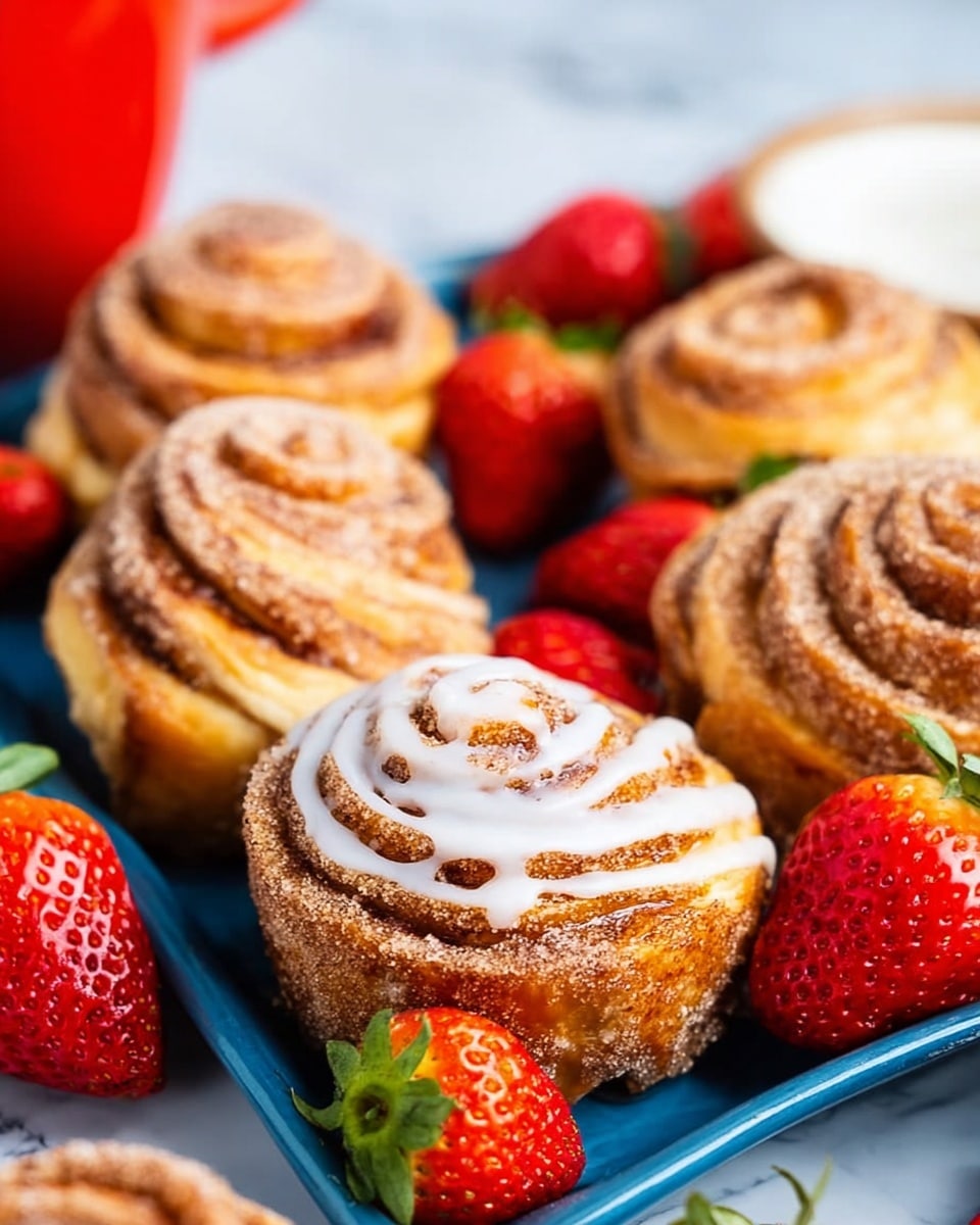 A white cup filled with warm tea containing two tea bags and a raspberry floating on top sits on a white marbled surface. Surrounding the cup are several golden-brown cinnamon rolls, some with white icing drizzled on top and one topped with a fresh raspberry. Bright red strawberries and additional raspberries are scattered around the pastries. The background includes a white doily underneath the baked goods and a soft pink flower on the corner, creating a cozy and inviting scene. Photo taken with an iphone --ar 4:5 --v 7