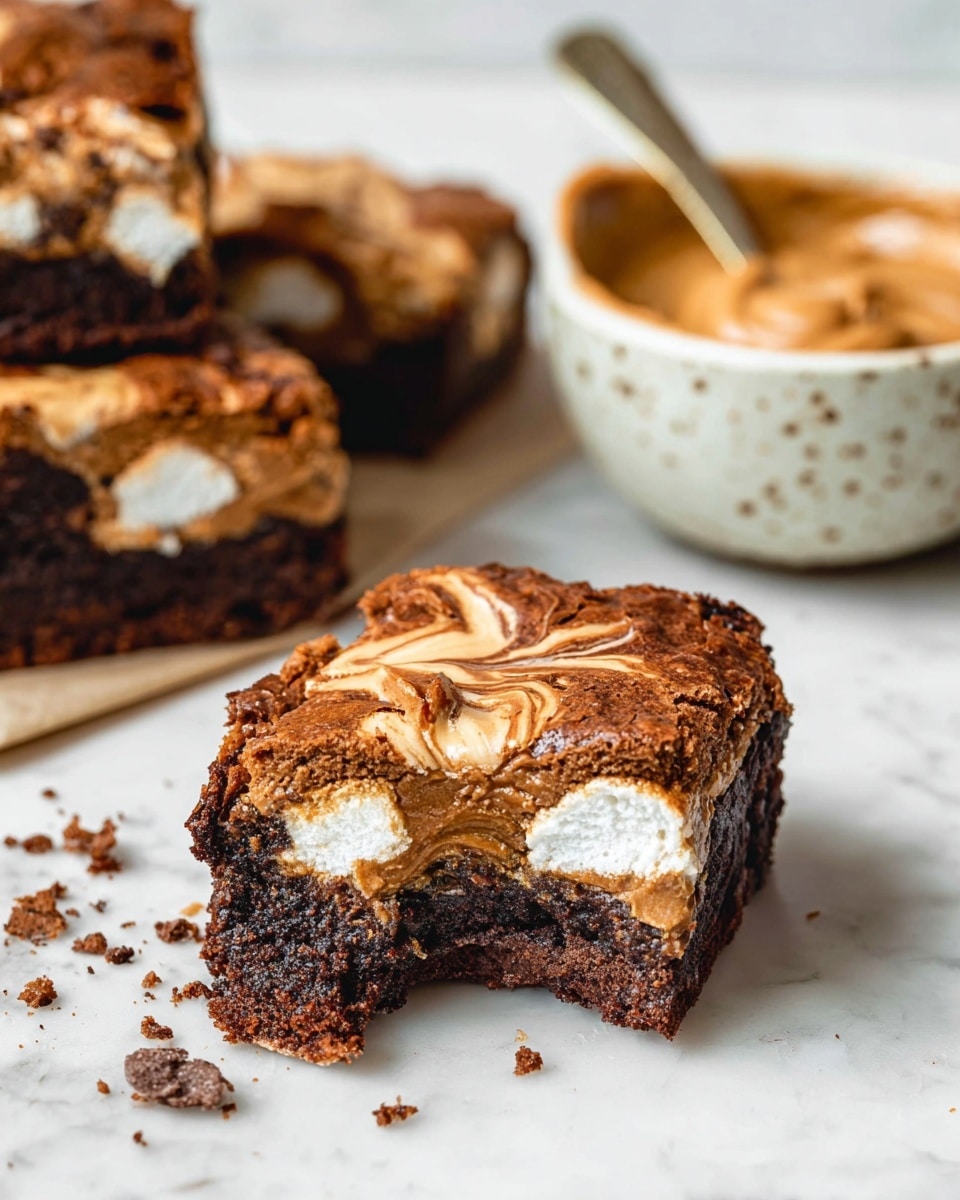 The image shows a close-up of a thick brownie with three visible layers. The bottom layer is dark, fudgy, and moist chocolate. The middle layer has chunks of white marshmallow, adding a soft, gooey texture. The top layer is light brown with swirls of peanut butter, creating a creamy, slightly rough surface. The brownie has a bite taken out of it, showing the rich and dense inside. In the background, there is a white speckled bowl with a spoon inside, filled with smooth peanut butter spread. The scene is set on a white marbled surface with some crumbs scattered around. photo taken with an iphone --ar 4:5 --v 7