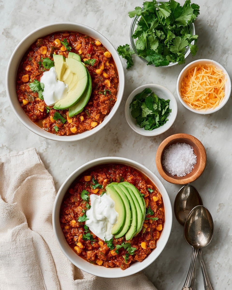 Two white bowls of thick chili are placed on a white marbled surface with a light beige cloth folded to the side. Each bowl holds a rich, textured mix of reddish-brown chili with visible corn kernels and green cilantro pieces scattered throughout. On top of each chili, there is a dollop of white sour cream, and neatly layered avocado slices arranged in a fan shape resting on the sour cream. Surrounding the bowls are small white bowls with fresh green cilantro, shredded orange cheddar cheese, and smooth white sour cream. Next to these is a small wooden bowl filled with coarse sea salt, and to the right of the bowls, two vintage silver spoons lie on the cloth. photo taken with an iphone --ar 4:5 --v 7