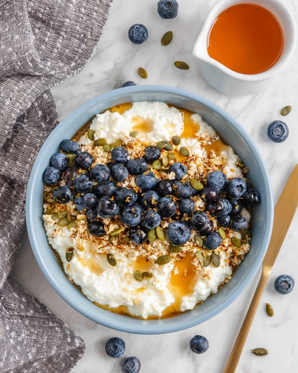 A light blue bowl sits on a white marbled surface filled with three main layers: a base of creamy white cottage cheese with a slightly lumpy texture, a middle layer of golden drizzle likely honey scattered unevenly on top, and a top layer of fresh, plump dark blue blueberries mixed with crunchy granola containing oats and green pumpkin seeds. Around the bowl are scattered blueberries and granola pieces, and a small white cup filled with amber honey is placed nearby. The scene is bright and soft, captured from above, with a hint of a gold knife and a gray checkered cloth near the bowl photo taken with an iphone --ar 4:5 --v 7