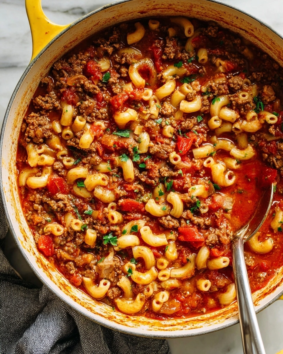A white bowl holds a generous serving of elbow macaroni pasta mixed with a rich ground beef and tomato sauce, showing a blend of red and brown colors with bits of green herbs sprinkled on top. On one side, two pieces of golden toasted bread rest against the pasta. The bowl sits on a white marbled surface with a striped cloth partially visible in the corner and a blurred black skillet and a pepper grinder in the background. photo taken with an iphone --ar 4:5 --v 7