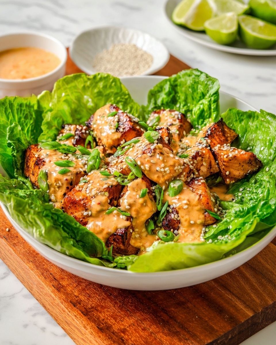 A close-up of a white round bowl filled with grilled salmon pieces cut into cubes, each with a golden brown seared surface and a moist, tender inside that is light orange. The salmon is sprinkled with small bits of green onion slices and black sesame-like crumbs, with a light creamy sauce drizzled unevenly over the top. Some tiny sesame seeds and bits of herbs add specks of white and green to the salmon cubes. Part of a black utensil is resting on the edge of the bowl. The background is a white marbled surface. photo taken with an iphone --ar 4:5 --v 7