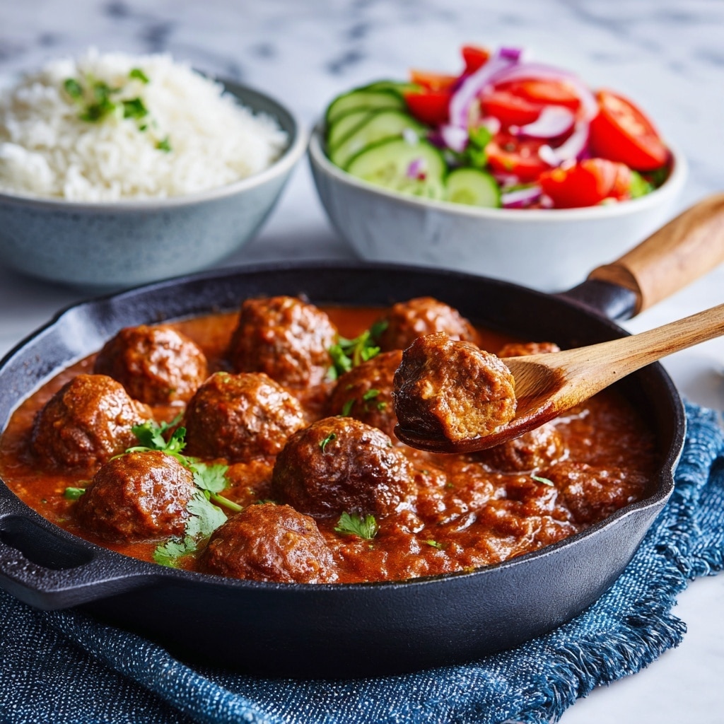 A black cast iron pan filled with about 15 round meatballs covered in a thick, smooth, brown-red sauce that looks rich and creamy. A wooden spoon is scooping one meatball, showing the textured surface of the meat against the shiny sauce. Above the pan is a white bowl full of fresh salad made of bright red tomato chunks, light green cucumber pieces, and thin purple onion slices. Next to it on the left is a white bowl packed with fluffy white rice, all placed on a white marbled surface with a dark blue textured cloth under the pan. photo taken with an iphone --ar 4:5 --v 7