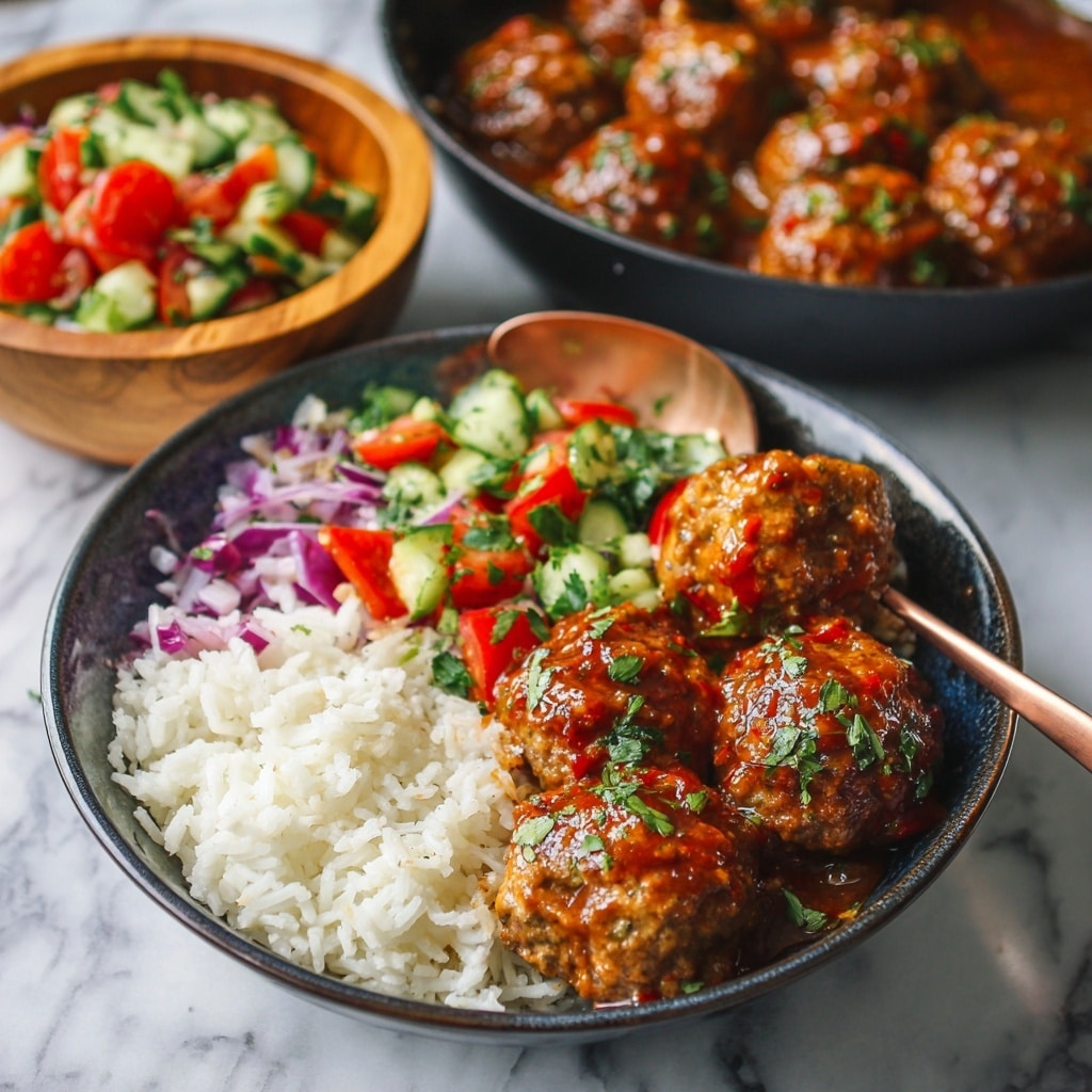 The image shows a bowl with three sections: white rice on the top left, a bright colorful salad on the right side made of chopped green cucumber, red tomato, and purple onion slices, and brownish-orange meatballs covered in thick sauce on the bottom left. Behind this bowl, there is a black pan full of more meatballs with the same thick sauce, and to the left, a wooden bowl with a similar colorful salad. All items rest on a white marbled texture. The rice grains are separate and fluffy, the meatballs look soft with a glossy sauce coating, and the salad pieces are fresh and crisp. A rose gold spoon is placed inside the bowl, resting on the rice. photo taken with an iphone --ar 4:5 --v 7