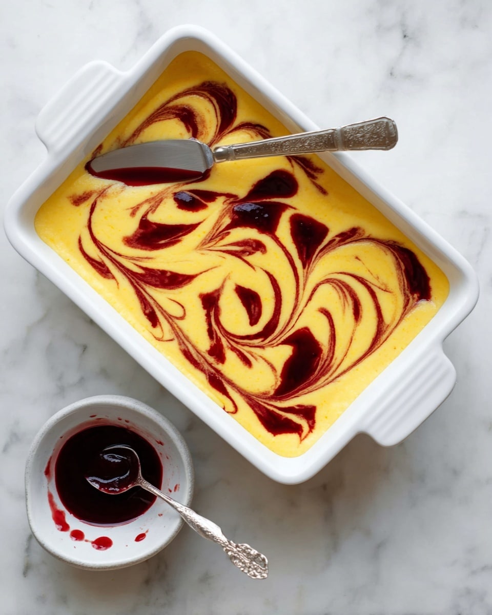 The image shows several square pieces of a dessert arranged on a white plate. Each piece has three layers: the bottom layer is light beige and looks crumbly, the middle layer is thick and creamy pale yellow, and the top layer is a smooth mix of yellow with swirls of dark red or purple in a marbled pattern. The plate sits on a white marbled surface. photo taken with an iphone --ar 4:5 --v 7