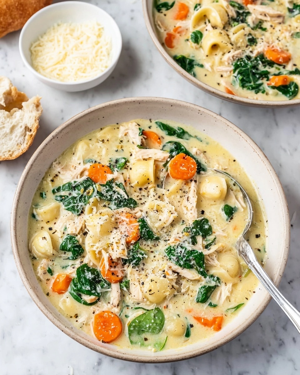 A white shallow bowl holds a creamy soup filled with several layers of ingredients: small round pale noodles, bright orange carrot slices, shredded light brown chicken pieces, and dark green spinach leaves. The soup has a thick, pale yellow broth with some black pepper specks on top and a sprinkle of grated cheese. A silver spoon rests inside the bowl on the right side. Behind it, there is another similar bowl with the same soup, a torn piece of white bread, and a small white bowl filled with grated cheese, all on a white marbled surface. photo taken with an iphone --ar 4:5 --v 7