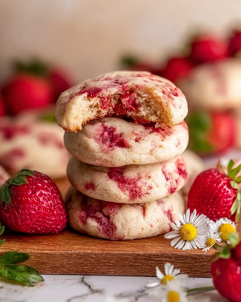 Seven round cookies with a light beige base and bright red strawberry swirls are placed on a piece of parchment paper in the middle of a white marbled surface. Around the cookies, fresh whole strawberries with green leaves and small white daisies with yellow centers add color and decoration. In the top right corner, there is a wooden bowl filled with white granulated sugar. The cookies have a soft, slightly cracked texture with the red swirl unevenly spread in each one. photo taken with an iphone --ar 4:5 --v 7