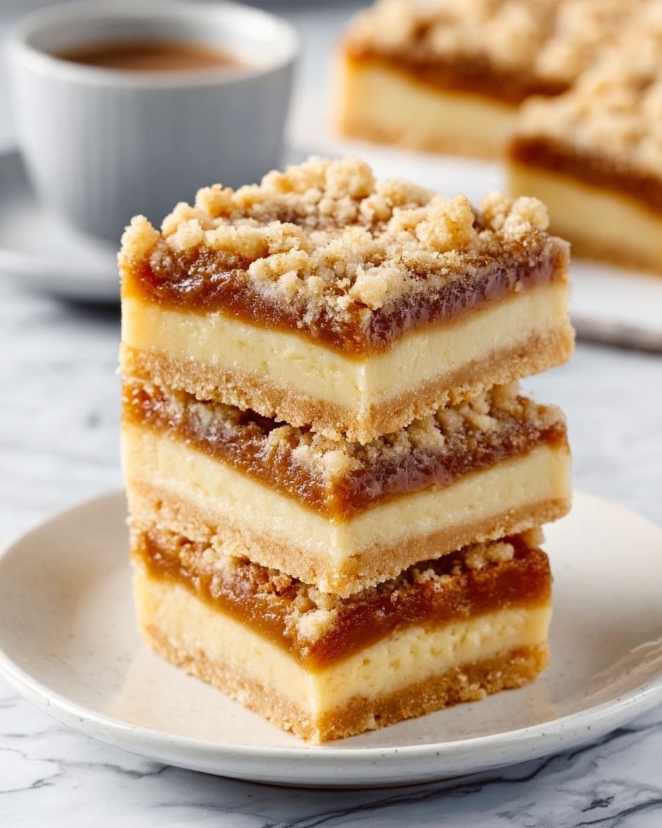 The image shows three square pieces of a layered dessert stacked on a white plate. Each piece has three main layers: a smooth, pale yellow base layer, a middle layer with a caramel-like brown color and a slightly sticky, glossy texture, and a top layer of crumbly, light beige streusel with small uneven chunks. The background features a white marbled surface, and a blurred cup and plate are visible behind the dessert. The photo taken with an iphone --ar 4:5 --v 7