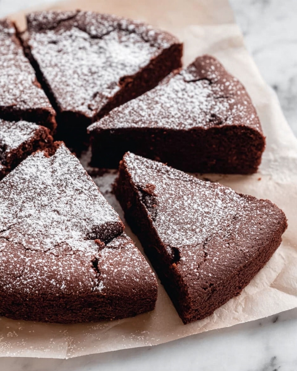 A round chocolate cake with a cracked, rough top dusted lightly with powdered sugar sits on crumpled white parchment paper. The cake is dark brown with a slightly raised edge, showing a soft, crumbly texture. The cake rests on a rustic wooden board placed on a white marbled surface. In the background, two forks lie on a white plate, slightly out of focus, and a small steel sieve is partially visible in the foreground. Photo taken with an iphone --ar 4:5 --v 7