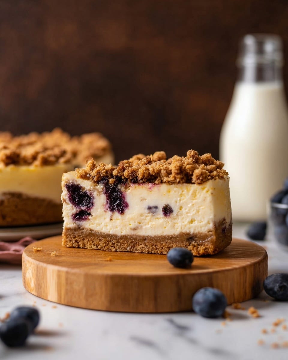 A single slice of blueberry cheesecake sits on a white speckled plate on a white marbled surface. The cheesecake has three layers: a thick, golden brown crust with a crumbly texture on the bottom and sides, a thick pale yellow cream cheese layer in the middle, and a topping mixed with whole blueberries that have burst slightly, showing deep purple juice seeping into the cream cheese layer. Several fresh blueberries rest around the slice on the plate, adding color contrast. Photo taken with an iphone --ar 4:5 --v 7