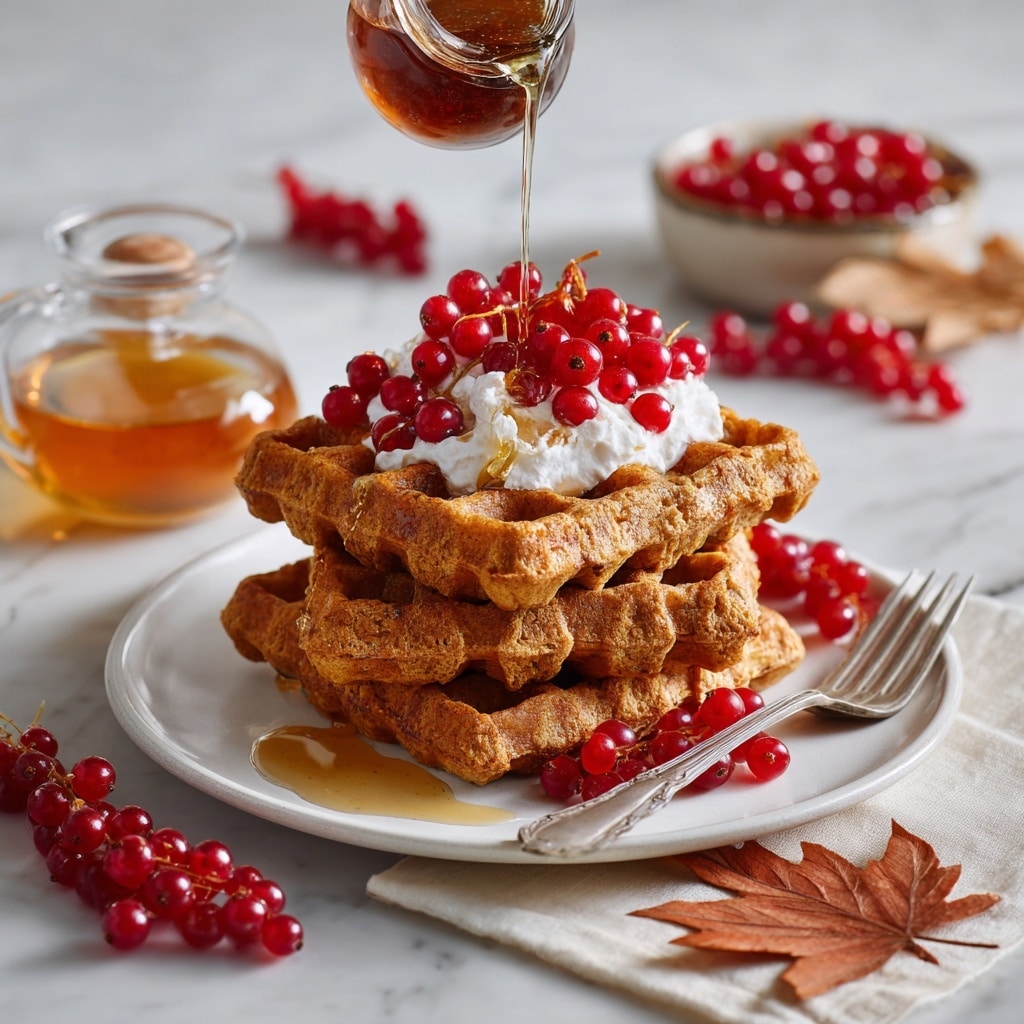 A stack of three dark brown waffles sits in the center of a white plate on a white marbled surface. On top of the waffles is a dollop of white cream with a pile of bright red currants resting on it. A golden syrup is being poured over the currants and waffles from a small glass pitcher held just above. Several red currants are scattered around the plate and a silver fork rests at the side of the plate. In the background, a white bowl filled with red currants and a white bottle can be seen slightly out of focus. Photo taken with an iphone --ar 4:5 --v 7