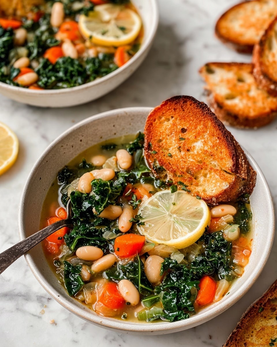 A bowl with a soup made of white beans, dark green leafy kale, and bright orange carrot slices in light broth fills the bowl. On top, there is a thin lemon wedge sitting on the edge. Two toasted bread slices with a golden brown crust rest partly in the soup on one side. A silver spoon is placed inside the bowl, resting near the edge with some soup on it. In the background, there is another white bowl with the same soup, also garnished with a lemon wedge and a spoon inside. Two extra toasted bread pieces are placed on the white marbled surface near the bowls. photo taken with an iphone --ar 4:5 --v 7