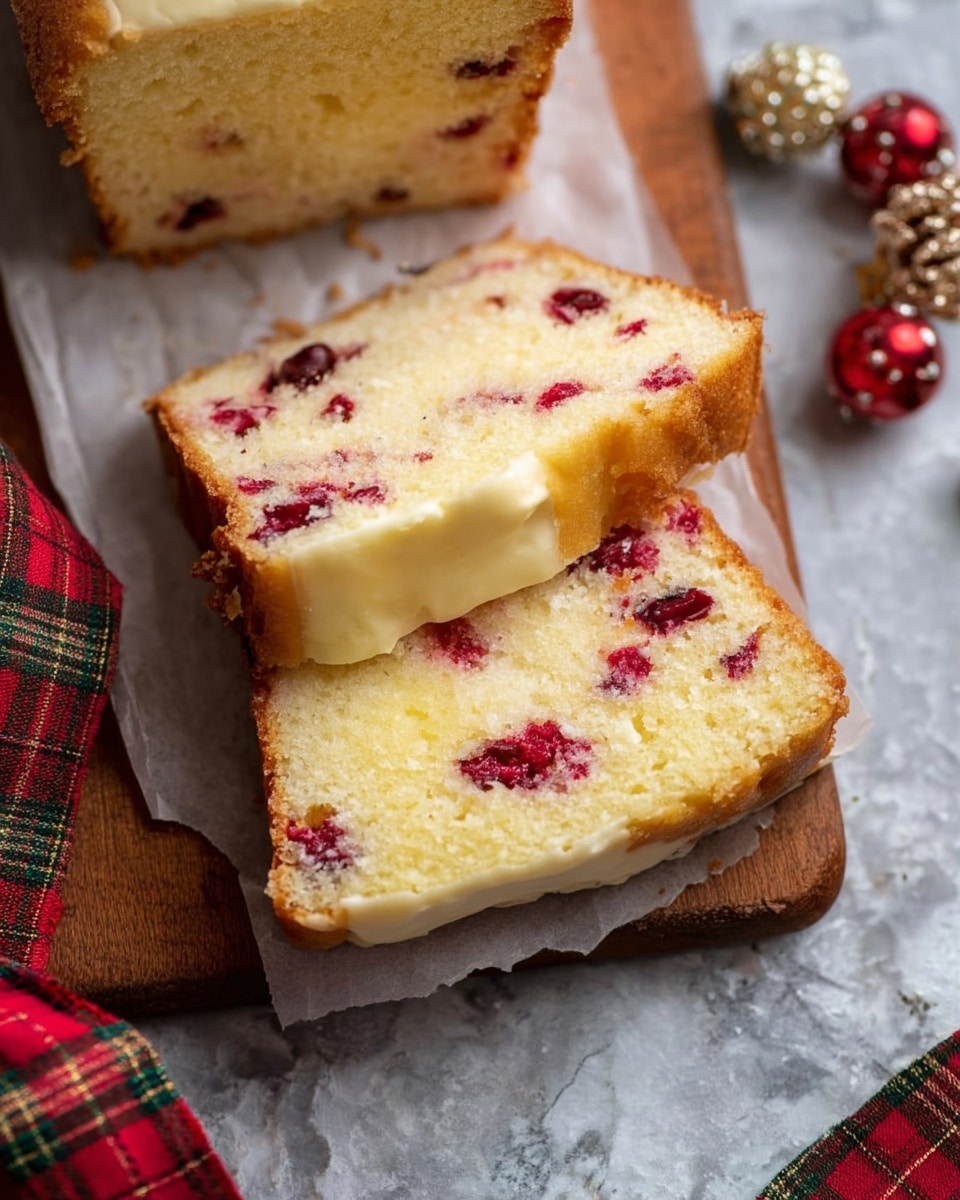 The image shows two thick slices of cake resting on white parchment paper over a wooden board. Each slice has two main layers: a pale yellow cake with a slightly rough texture on the outside and a smooth, creamy light yellow layer in the middle. There are scattered bright red berries embedded inside the cake, adding spots of color throughout. The top edge of the cake is slightly browned, creating a contrast with the soft inside. A red and green plaid ribbon and some small decorative Christmas ornaments are placed nearby on the wooden surface. The background has been changed to a white marbled texture. photo taken with an iphone --ar 4:5 --v 7
