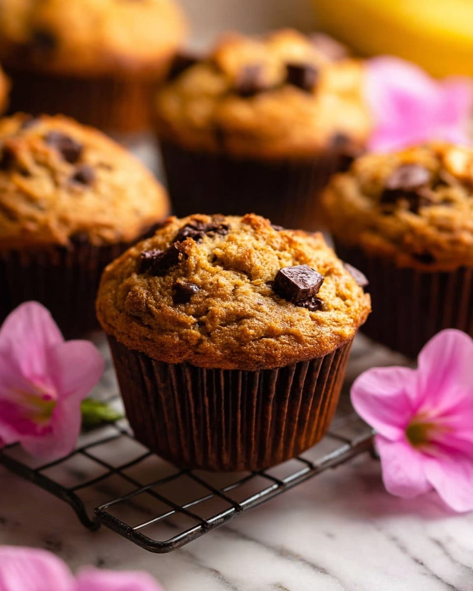 A close-up image of golden brown muffins with large dark chocolate chunks on top, all in a metal muffin tray with patterned muffin cups. The muffins have a slightly cracked texture on the surface, showing moistness inside. There is a pink flower and a small white flower placed next to the muffins on the tray. Small chocolate pieces are scattered around the tray, and a bright yellow banana is blurred in the background on a white marbled surface. photo taken with an iphone --ar 4:5 --v 7