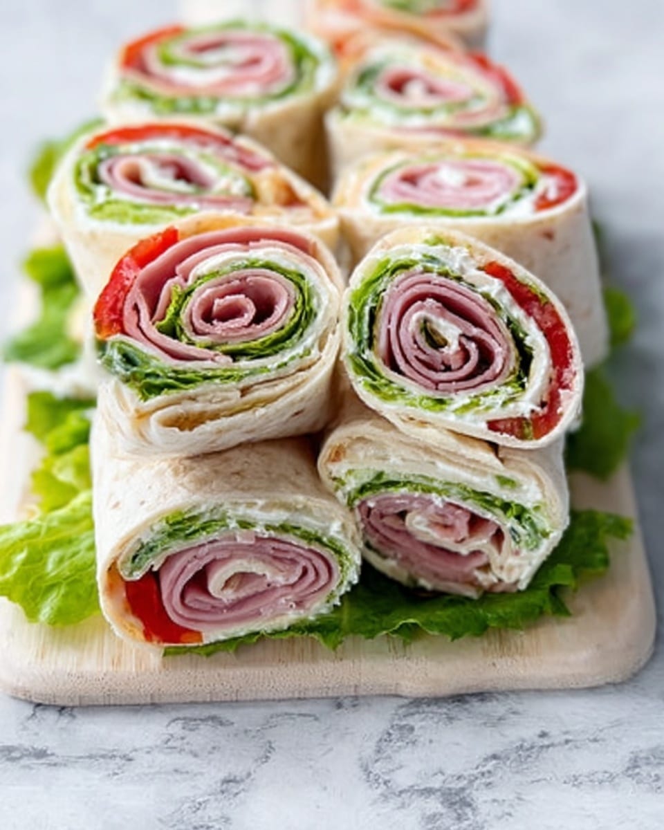The image shows a white plate holding three tortilla pinwheel sandwiches, each rolled and secured with a toothpick. Each wrap has distinct layers visible from the side: a soft white tortilla on the outside, followed by a light spread, then thin layers of pink deli meat, green lettuce, and small bits of black olives, along with some red pepper slices. The pinwheels are stacked close together on a white marbled surface with a blurred background showing another plate with similar pinwheels. Photo taken with an iphone --ar 4:5 --v 7