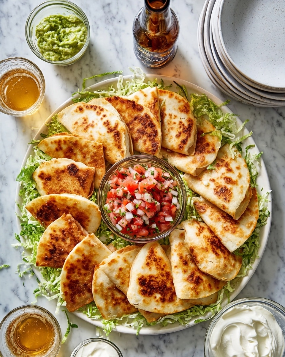The image shows a large round white plate filled with about a dozen small, golden-brown, folded quesadillas arranged in a circle on a bed of shredded green lettuce. The quesadillas have a crispy, browned outer layer with slight darker spots, suggesting they are well-toasted. In the center of the plate sits a clear glass bowl filled with fresh red tomato pico de gallo mixed with bits of white onion and green herbs. Around the plate, there are three other small clear glass bowls filled respectively with chunky green guacamole, smooth white sour cream, and a light golden sauce. Two glasses of beer with light foam and a brown beer bottle stand nearby on a white marbled surface, with a stack of white plates placed to the top right. The scene captures a bright, appetizing appetizer setup in natural light. photo taken with an iphone --ar 4:5 --v 7