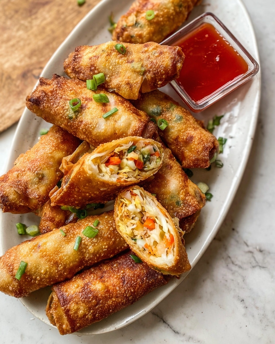 A close-up of a golden brown fried egg roll being held by a woman's hand as it is dipped into a small clear glass bowl filled with shiny bright orange-red sweet and sour sauce with visible green onion pieces floating inside. In the background, there are more egg rolls resting on a clean white plate stacked on another white plate, all placed on a white marbled surface. The egg roll has a bubbly, crispy texture on the outside, and the sauce has a smooth, slightly thick consistency. Photo taken with an iphone --ar 4:5 --v 7