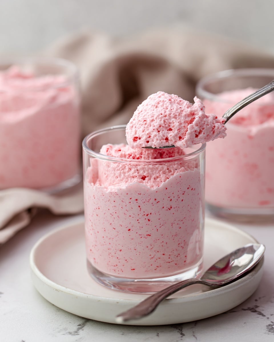 The image shows three clear glasses filled with two layers of dessert placed on a round black tray. The bottom layer is a smooth pink mousse, thick and creamy, filling about three-fourths of the glass. On top of that is a neat swirl of white whipped cream, soft and fluffy, covering the mousse evenly. Each glass is decorated with three bright red raspberries and two small green mint leaves placed on the whipped cream. Around the glasses lie a few more raspberries and a silver spoon. The background is softly blurred with warm lights, and the surface is a white marbled texture. Photo taken with an iphone --ar 4:5 --v 7