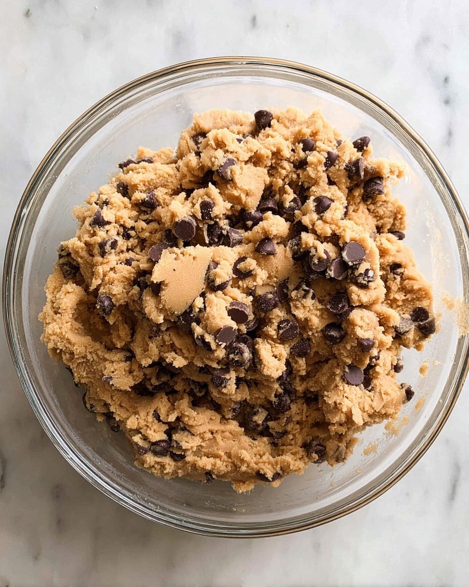 Two stacked chocolate chip cookie cups filled with creamy light brown cookie dough, each cup lined inside by a smooth dark brown chocolate layer. The top of both cookie dough fillings is covered with large, shiny dark chocolate chips, creating a textured and rich look. The moist cookie cups have visible chocolate pieces throughout the dough. They are placed on a white plate with a white marbled surface in the background. photo taken with an iphone --ar 4:5 --v 7