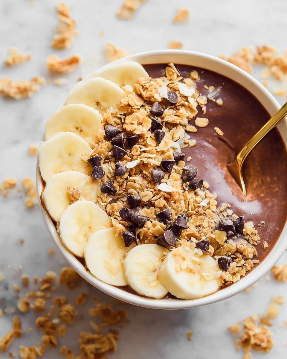A white bowl filled with three visible layers: the bottom layer is smooth and dark brown, the middle layer is a ring of pale yellow banana slices arranged neatly around the edge, and the top layer is a mixture of golden brown granola pieces and dark chocolate chips scattered over the banana slices. A gold spoon is placed inside the bowl, and the bowl sits on a white marbled surface with some granola pieces spread around it. photo taken with an iphone --ar 4:5 --v 7