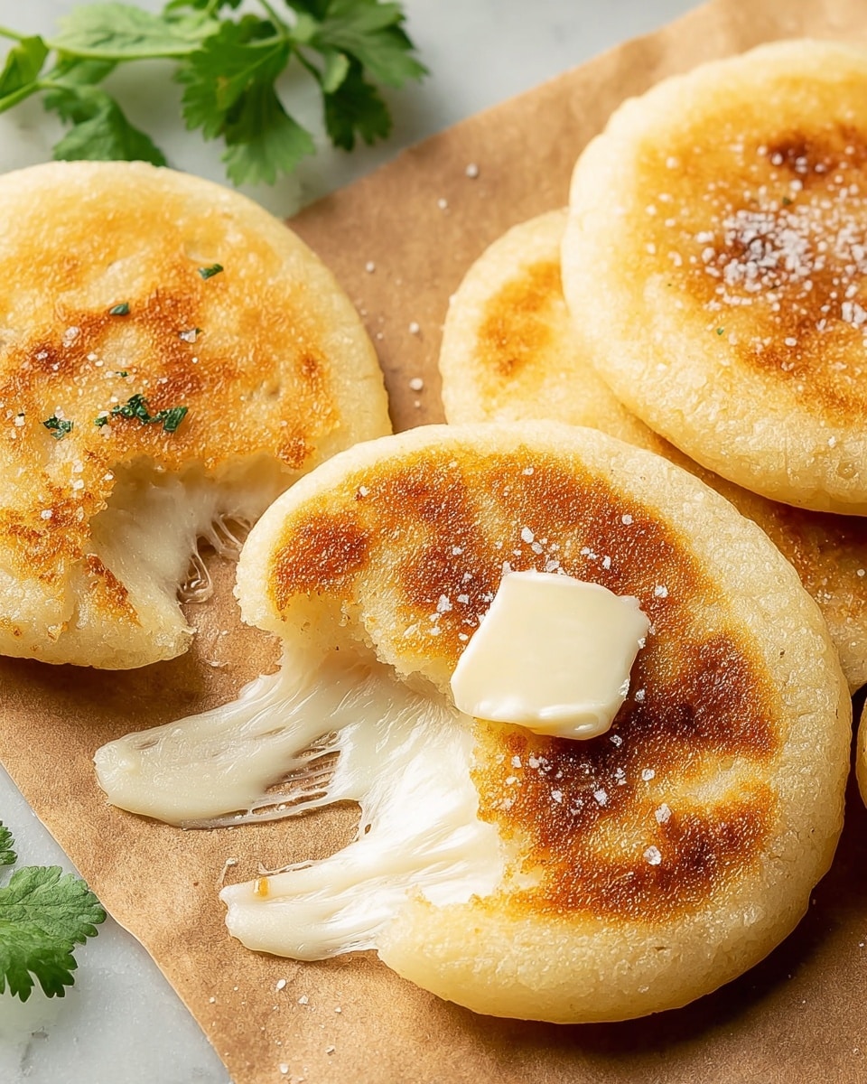 A woman's hand is holding a brown oval bowl with white and black dots, filled with four round, golden-brown cakes stacked slightly overlapping. The cakes have a soft, fluffy texture with a light crispy surface. Below the bowl, there is a wooden board with a wooden spreader holding a dollop of pale butter on brown paper. Green fresh cilantro leaves and a glass of light brown liquid sit on a white marbled surface in the background. Photo taken with an iphone --ar 4:5 --v 7
