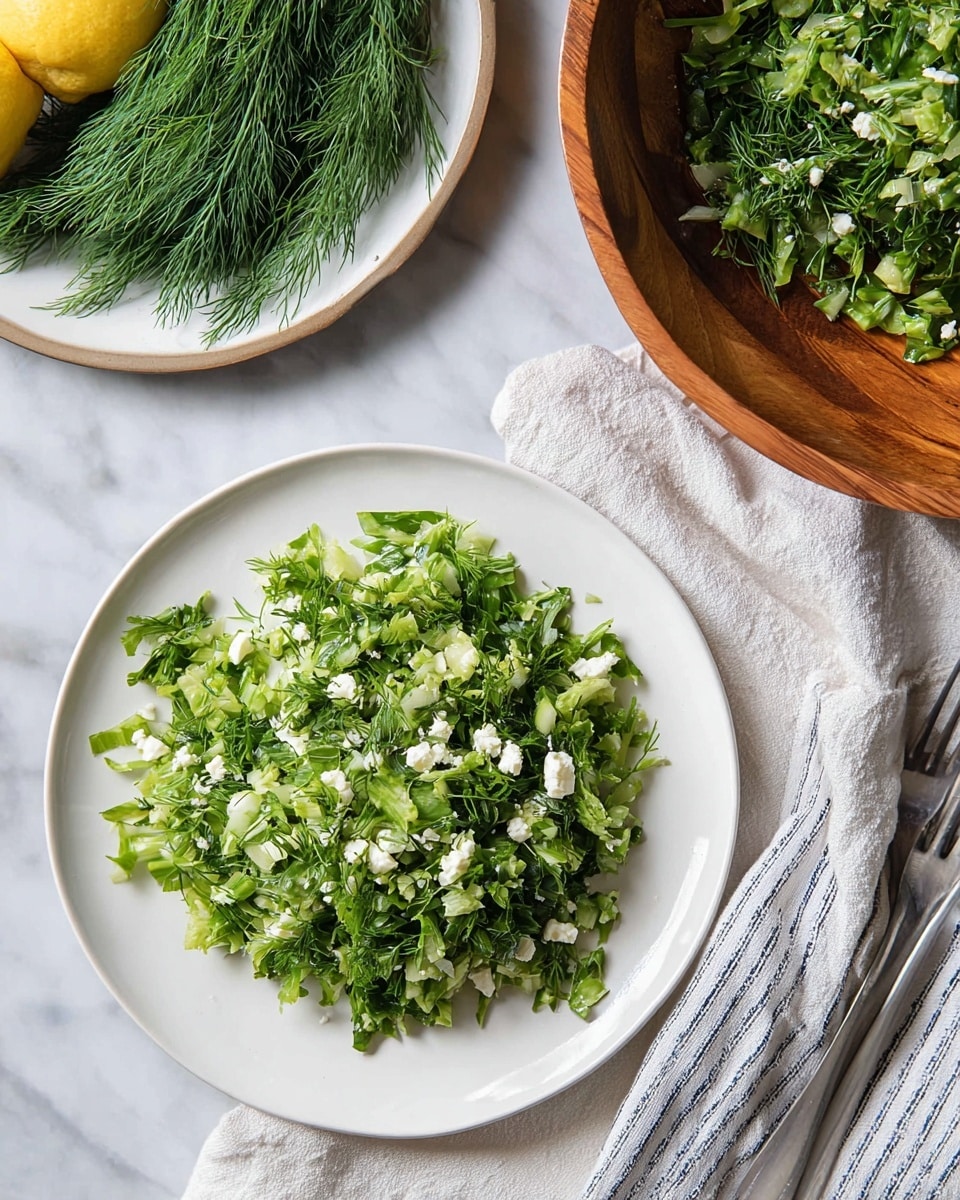 A large wooden bowl holds a fresh green salad with finely shredded lettuce mixed with small bits of herbs and crumbled white cheese, creating a mix of light and dark green colors with white specks throughout, two wooden salad spoons with longer handles rest in the bowl. Next to the bowl, a white plate with a dotted edge carries two lemon halves and a bunch of fresh dill, and everything is arranged on a white marbled surface with a white cloth partially under the bowl. photo taken with an iphone --ar 4:5 --v 7