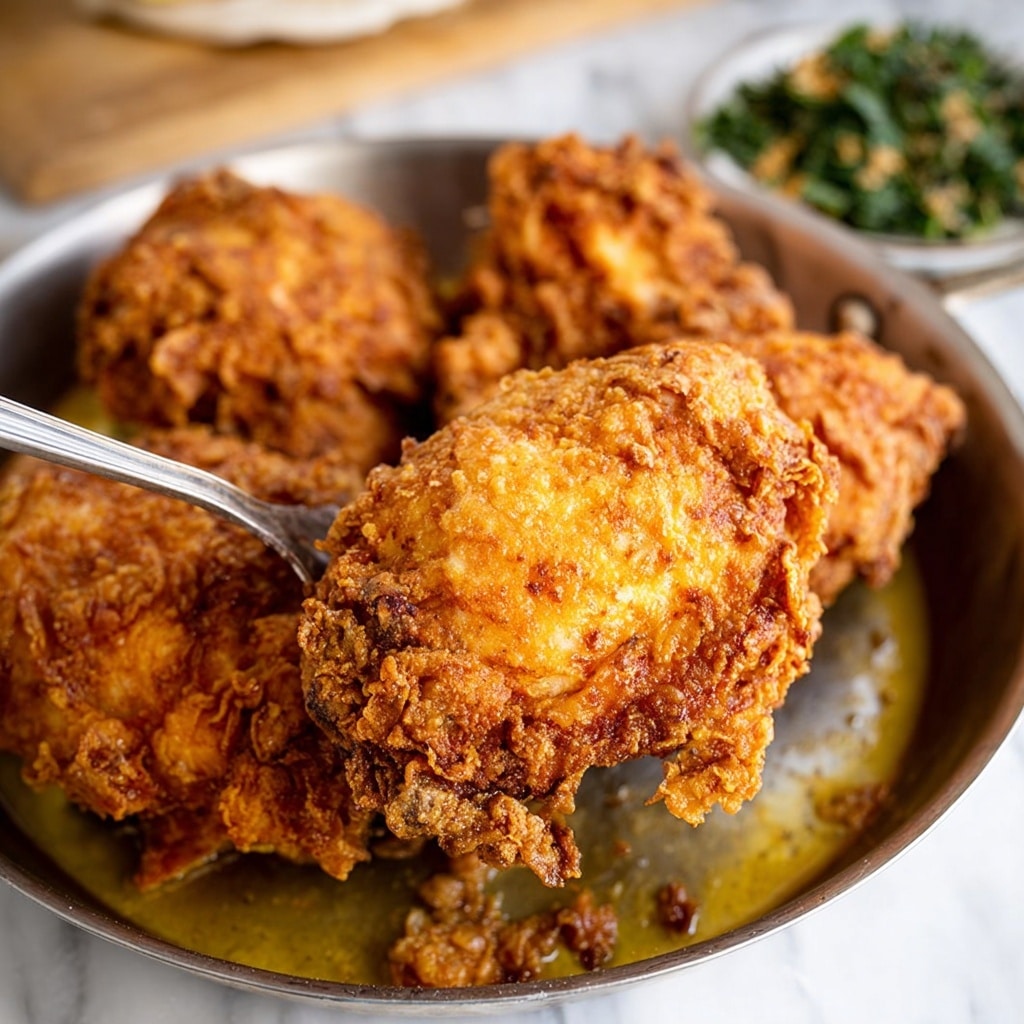 The image shows a close-up view of golden brown fried chicken pieces on a white plate, with one piece broken open to reveal juicy, tender white meat inside. The crispy coating is textured with small crunchy bits and sprinkled with green herbs. The plate rests on a bright blue cloth with white stripes, and nearby there is a small wooden bowl filled with chopped green herbs. The setting is on a white marbled surface with a few crumbs scattered around, highlighting the crunchy texture of the chicken. photo taken with an iphone --ar 4:5 --v 7
