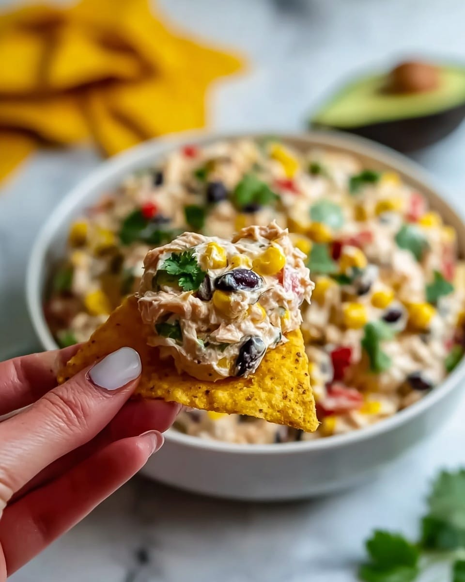 A close-up of a yellow triangular tortilla chip held by a woman's hand with pale nail polish, topped with a chunky dip. The dip has a creamy light beige base with visible pieces of black beans, bright yellow corn kernels, and small red bell pepper bits mixed in, garnished with green cilantro leaves. In the background, there is a white bowl filled with the same dip, showing the mix of colors and textures clearly, all set on a white marbled surface with blurry toasted tortilla chips and half an avocado in the distance. Photo taken with an iphone --ar 4:5 --v 7