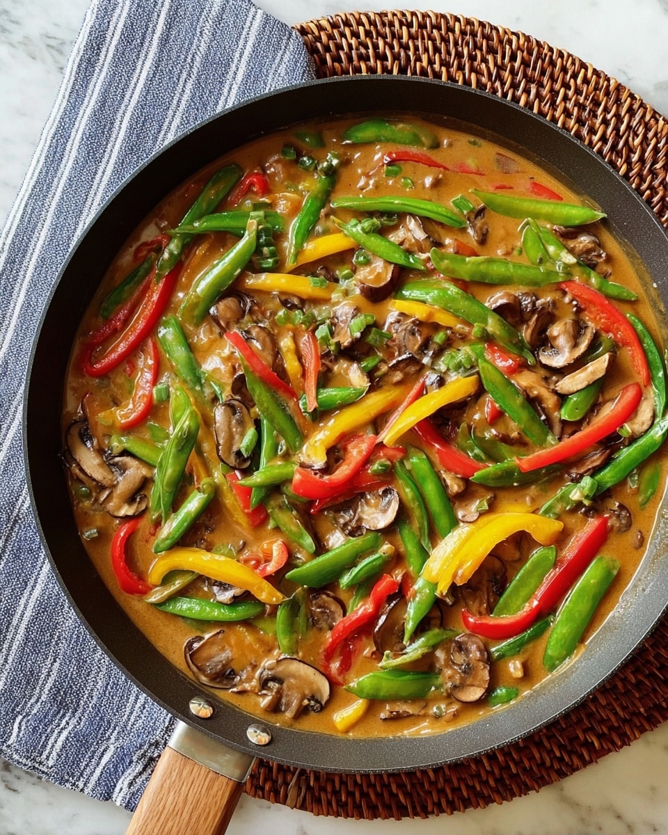 A white bowl with blue designs is filled halfway with white rice on one side and an orange-colored vegetable curry on the other side. The curry contains visible layers of sliced red and yellow peppers, green peas, mushrooms, and small green leaves on top. A spoon rests inside the bowl, lifting a slice of mushroom and a yellow pepper strip from the curry. The bowl sits on a textured gray mat with some green herbs and a lime wedge near it, all placed on a white marbled surface. photo taken with an iphone --ar 4:5 --v 7