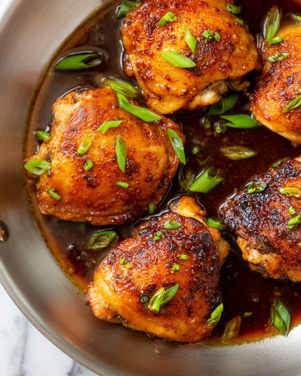 Four pieces of cooked chicken thighs with crispy, golden brown skin sit in a silver pan filled with dark brown sauce. The chicken skin has a slightly charred, textured look with some glossy spots from the sauce. Each piece is topped with small, bright green slices of fresh scallions scattered unevenly. The sauce pools around the chicken, providing a shiny, thick base. The background surface visible near the pan is a white marbled texture. photo taken with an iphone --ar 4:5 --v 7