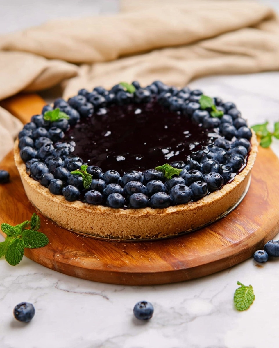 A slice of berry cheesecake is placed on a white plate, showing three main layers: a light beige crust at the bottom, a thick creamy off-white cheese layer in the middle, and a dark purple glossy berry topping filled with whole berries and fresh blueberries scattered on top. A few blueberries and a small green mint leaf rest on the plate beside the slice. The background shows part of the whole cheesecake on a wooden board, topped similarly with dark berries and blueberries. The surface is a white marbled texture and the overall setting is bright and clean. Photo taken with an iphone --ar 4:5 --v 7