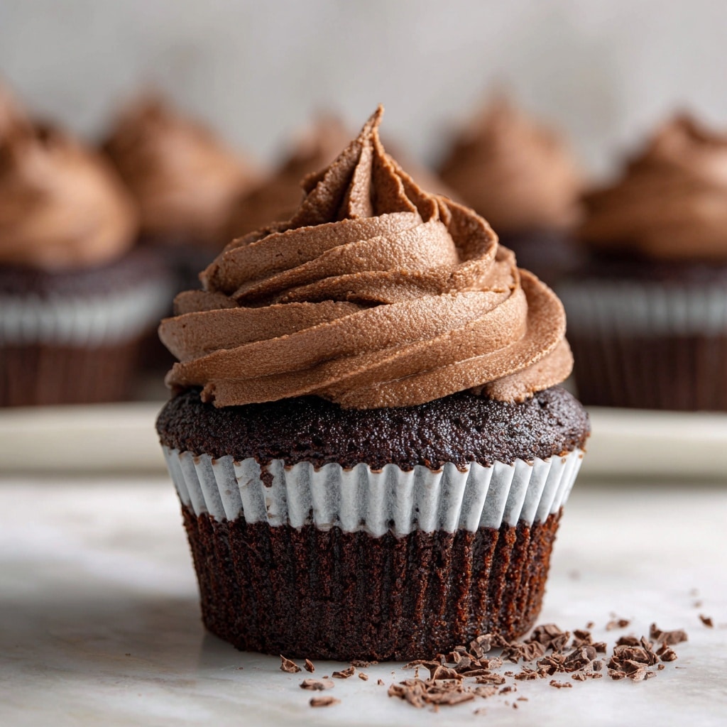 The image shows rich chocolate cupcakes arranged on a white cake stand with a wooden base, placed on a surface with white marbled texture. Each cupcake has a dark brown base and a generous swirl of creamy chocolate frosting that is smooth and thick. On top of each frosting swirl, there is a small heart-shaped piece of chocolate and some have tiny chocolate sprinkles, adding texture and shine. Around the cake stand, there are small chocolate cups and scattered chocolate sprinkles. The focus is sharp on the front cupcakes, with a soft blur on those in the background. photo taken with an iphone --ar 4:5 --v 7