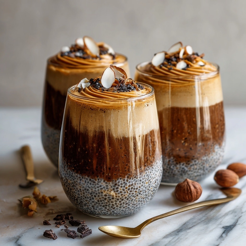 A clear glass filled with three visible layers of a creamy dessert: the bottom and top layers are thick and dark brown with a smooth texture, the middle layer is a lighter caramel brown with small black chia seeds dispersed throughout; on top, there is a swirl of the lighter caramel layer along with scattered almond slices and small dark nibs. The glass is placed on a white marbled surface, next to a shiny gold spoon and a few nuts and dark crumbs. Photo taken with an iphone --ar 4:5 --v 7