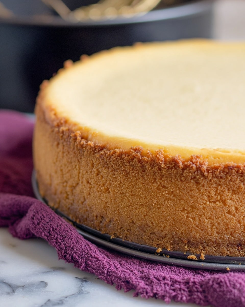 A single slice of cheesecake sits on a white plate with a scalloped edge, resting on a teal cloth over a white marbled surface. The cheesecake has three visible layers: a crumbly golden-brown crust at the bottom, a thick and creamy off-white cheese filling in the middle, and a smooth pale yellow top layer. Two fresh berries, a bright red raspberry and a dark purple blackberry with a green leaf, sit on the top center of the slice, adding contrasting color and texture. In the blurred background, more cheesecake slices and berries are visible. Photo taken with an iphone --ar 4:5 --v 7