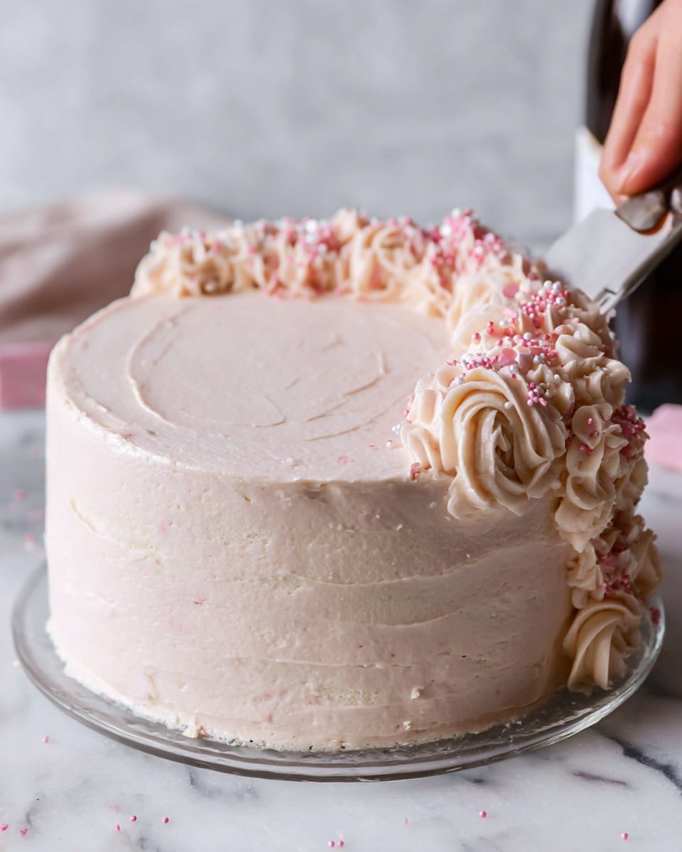 This is a three-layer cake covered in smooth, light pink frosting with visible soft swirls and textured strokes on the sides. On top, the frosting is neatly spread with a thick smooth circle taking up most of the surface, while one side is decorated with creamy rose-shaped swirls and small star-shaped dollops of the same light pink frosting, sprinkled with tiny white and pink candy beads. The cake sits on a clear glass plate placed on a white marbled surface, and a woman's hand holding a cake cutter is gently touching the edge of the cake. Photo taken with an iphone --ar 4:5 --v 7