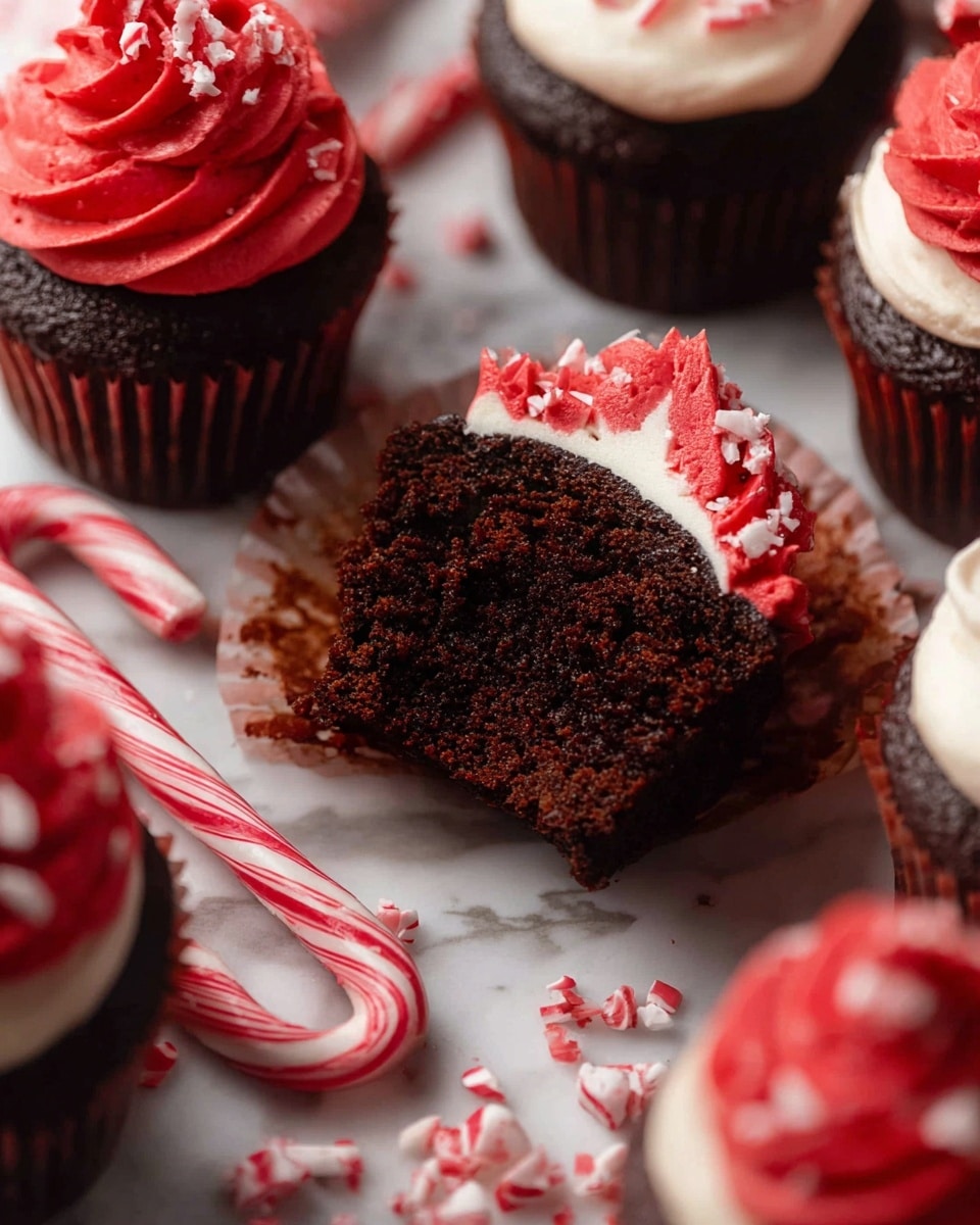 The image shows a tray of chocolate cupcakes with two colors of frosting swirled on top in a wave pattern. Each cupcake has a single layer of creamy frosting that is white on one side and bright red on the other. The smooth, curved ridges of the frosting create a spiral effect starting at the center and moving outward. The cupcakes are arranged closely on a metal tray that sits on a white marbled surface. The rich, dark brown cake contrasts with the bright frosting, making the colors stand out vividly. photo taken with an iphone --ar 4:5 --v 7