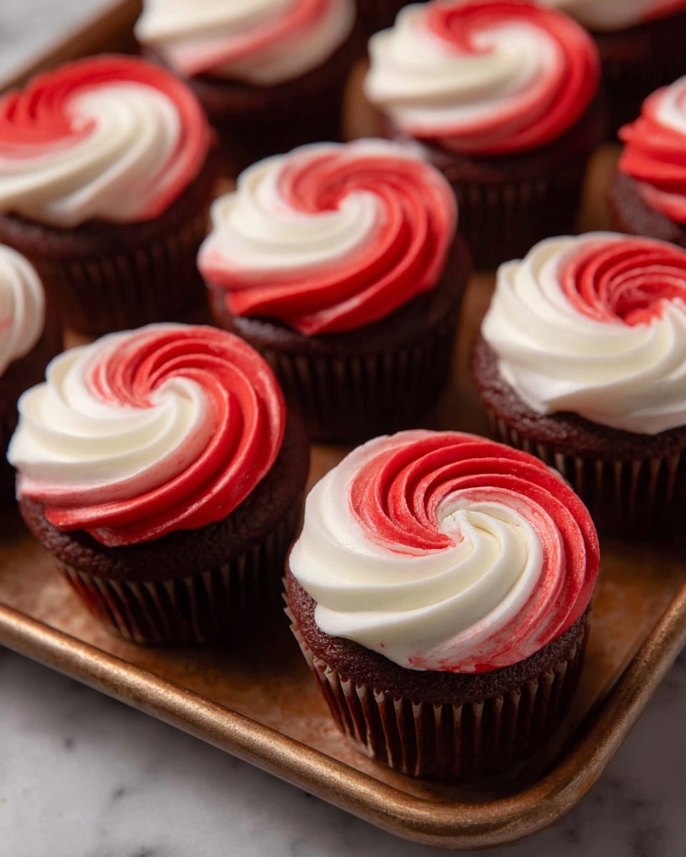 The image shows dark brown chocolate cupcakes with a moist and crumbly texture. Each cupcake has two layers of frosting on top: the bottom layer is white and smooth, while the top layer is bright red with a slightly rough texture, swirled together in a round shape. One cupcake is cut in half, revealing the inside chocolate cake. Some cupcakes have small pieces of crushed candy on top, and there are also small red and white candy pieces scattered around the cupcakes on the white marbled surface. Candy canes are also placed near the cupcakes, adding red and white stripes to the scene. Photo taken with an iphone --ar 4:5 --v 7