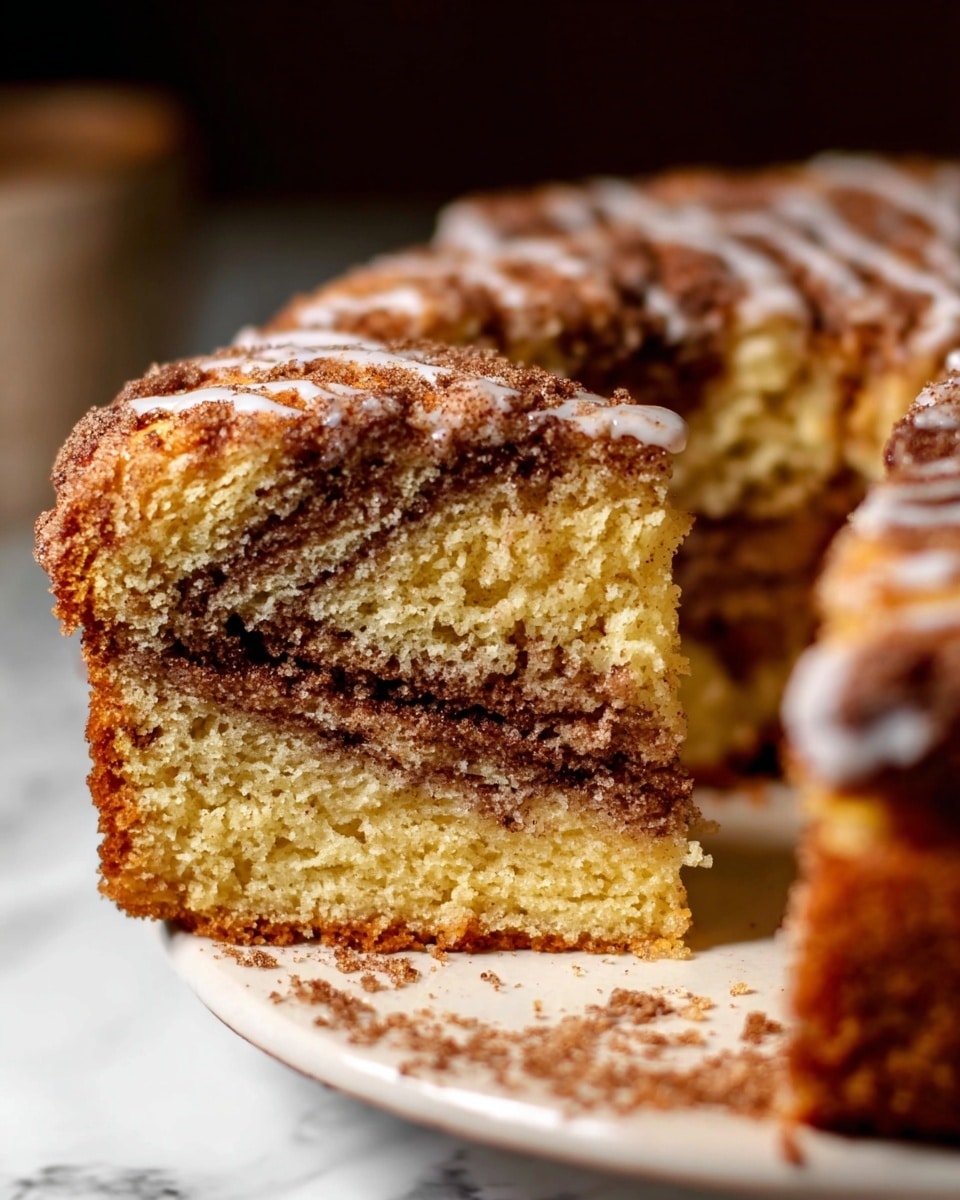 The image shows a close-up of a cinnamon swirl cake with a slice lifted from the whole cake. The cake has two main layers of soft, light yellow cake with a dark brown cinnamon swirl running horizontally through the middle. The top of the cake is golden brown with a slightly rough texture and is sprinkled with cinnamon sugar and a light drizzle of white icing. The cake sits on a white plate, and the background is a white marbled texture, softly blurred to keep the focus on the cake. Photo taken with an iphone --ar 4:5 --v 7