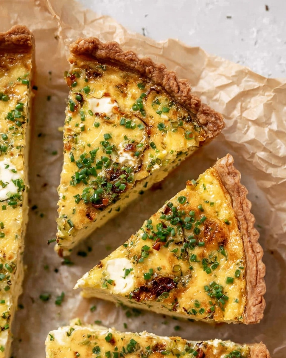 The image shows a close-up of a savory pie cut into slices, with a thick, golden-brown crust forming the base and edges. Inside, the pie is made of several layers: a bottom layer of soft, white diced potatoes, topped by a thick, creamy yellow mixture with small chunks of browned meat or vegetables, and sprinkled with fresh green chopped herbs across the top. The surface of the pie has a slightly browned, baked texture with visible flecks of seasoning. The pie is placed on a white marbled surface and a slice is slightly pulled out to show the layers inside, with soft natural light highlighting the textures and colors. Photo taken with an iphone --ar 4:5 --v 7