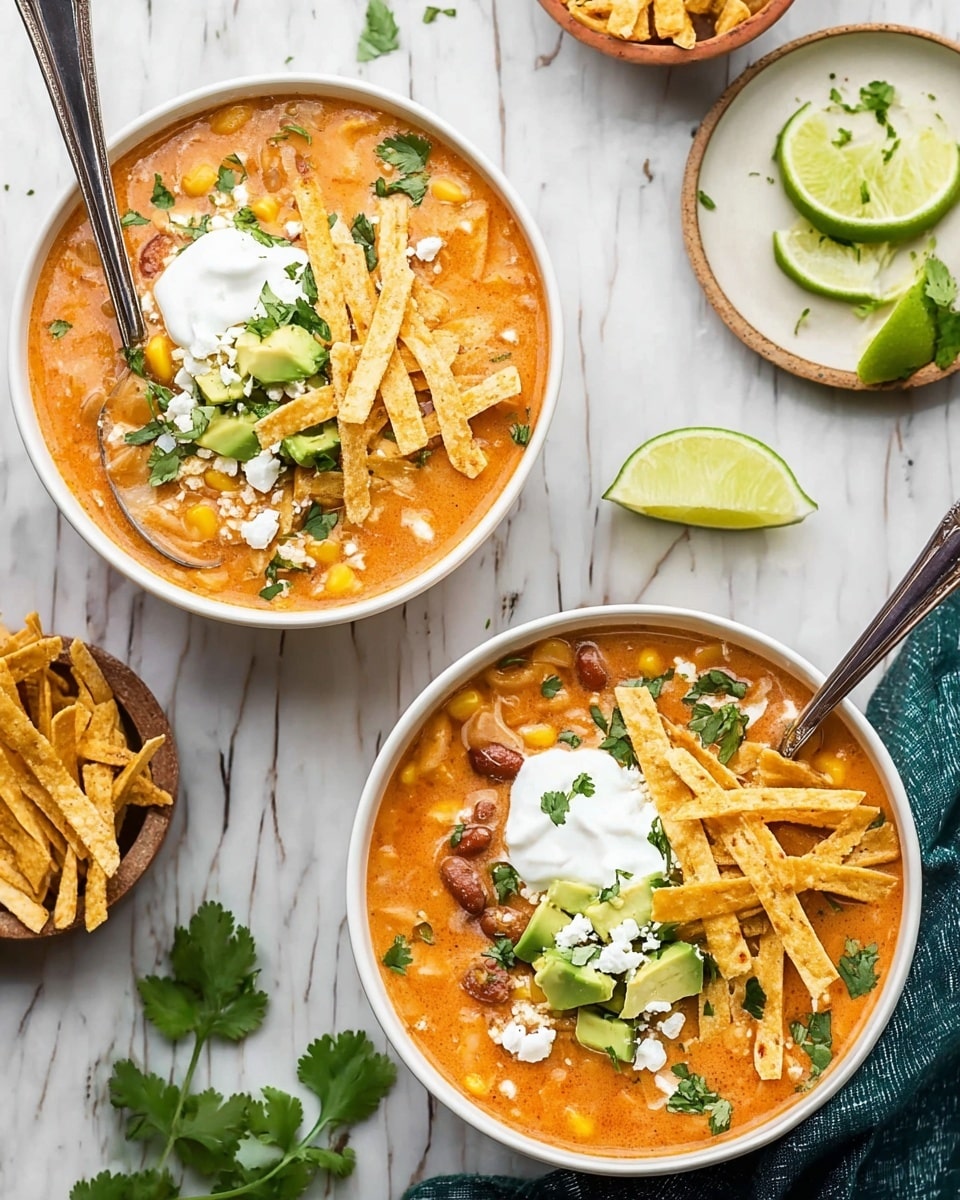 A white bowl filled with creamy reddish-orange soup with visible black beans and tomato bits forms the base layer. On top, there are scattered yellow crispy tortilla strips laid diagonally, crumbled white cheese sprinkled over them, and cubed light green avocado pieces clustered on one side. In the center, a dollop of white sour cream is placed, with small green herb leaves on top. Two bright green lime wedges and fresh cilantro leaves add fresh color on another side. A silver spoon is inside the bowl, resting on the right edge. The bowl sits on a teal cloth against a white marbled surface, with a second similar bowl blurred in the background. photo taken with an iphone --ar 4:5 --v 7