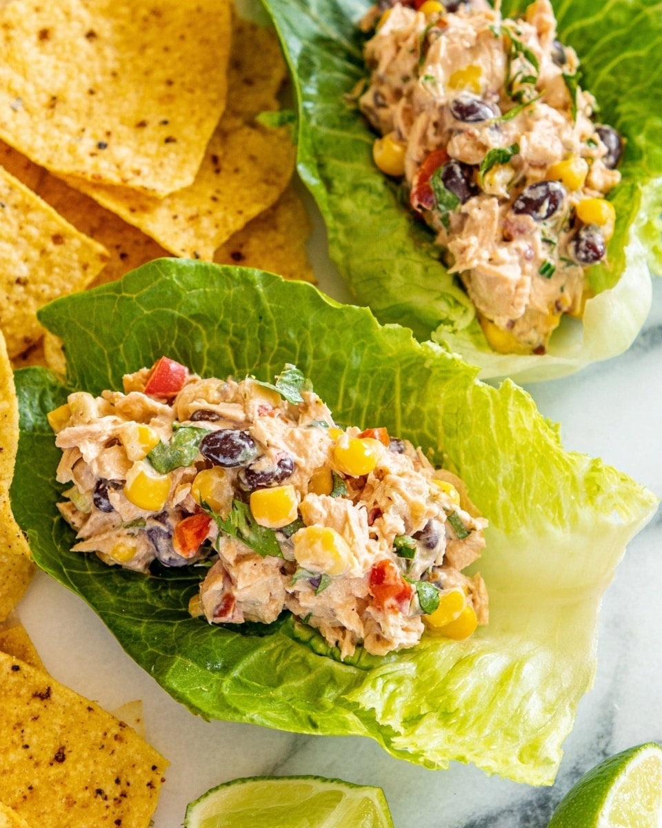 A clear glass bowl filled with a colorful mixture of shredded chicken, bright yellow corn kernels, black beans, small red bell pepper pieces, and chopped green herbs, all coated unevenly in a creamy light orange sauce. Around the bowl are a white bowl of the same creamy sauce with a wooden spoon, half a cut red onion with purple and white rings, two halved green limes, a white plate with green lettuce leaves, several light beige tortilla chips scattered, and a yellow and white corn cob on a white marbled surface. Photo taken with an iphone --ar 4:5 --v 7