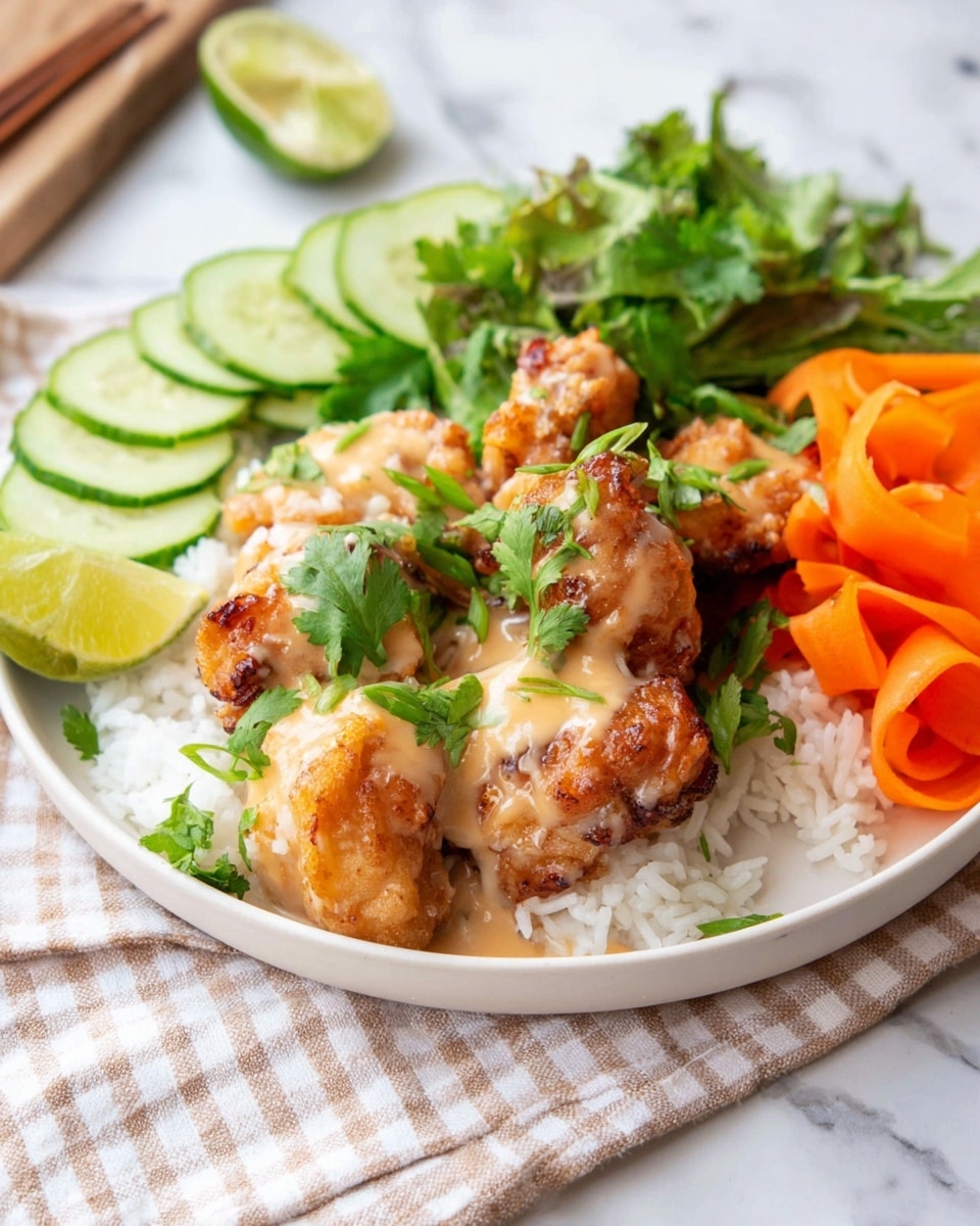 A white plate shows a meal with four layers arranged neatly: the base layer of white rice sits at the bottom right side, topped with golden-brown cauliflower pieces covered in a light cream sauce and sprinkled with fresh green herbs. To the left of the rice is a row of thinly sliced cucumber, bright green with pale centers, followed by bright orange carrot ribbons curled loosely. A wedge of bright green lime sits at the bottom left on the plate, and fresh mixed green leaves fill the space on the top right. Nearby, another white bowl contains more carrot ribbons, and lime wedges rest on a white marbled surface with a light beige checkered cloth beside the plate. Photo taken with an iphone --ar 4:5 --v 7