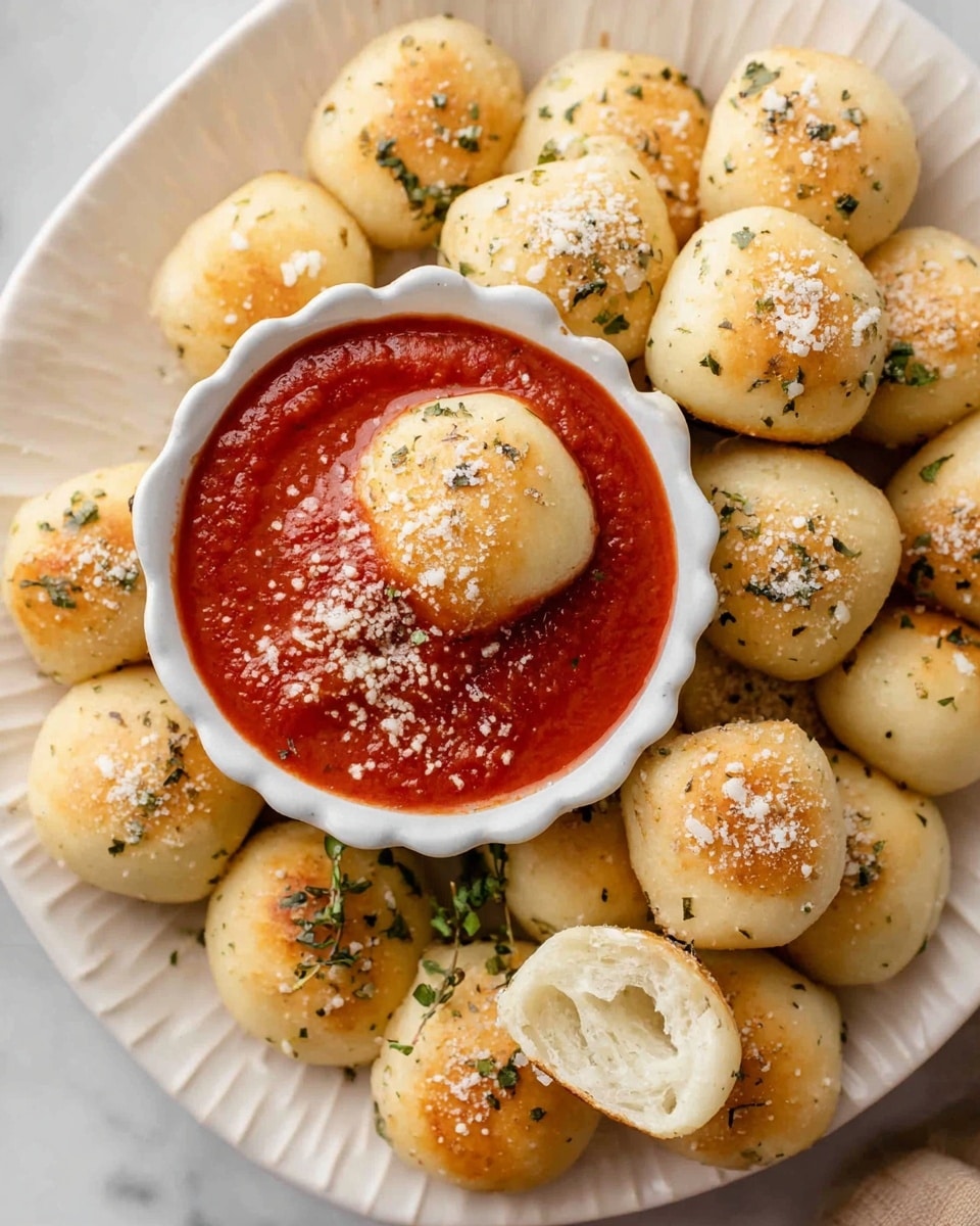 The image shows a white fluted plate filled with small round garlic knots that are light golden brown with a shiny texture, sprinkled with coarse salt, chopped herbs, and bits of garlic on top. In the center of the plate, there is a small white bowl filled with bright red marinara sauce, which has a smooth texture and is sprinkled lightly with grated cheese and herbs. One garlic knot is dipped into the sauce, resting partially inside the bowl. A few garlic knots on the plate are broken open, revealing a soft, fluffy interior with a light beige color. The scene is set on a white marbled surface. photo taken with an iphone --ar 4:5 --v 7