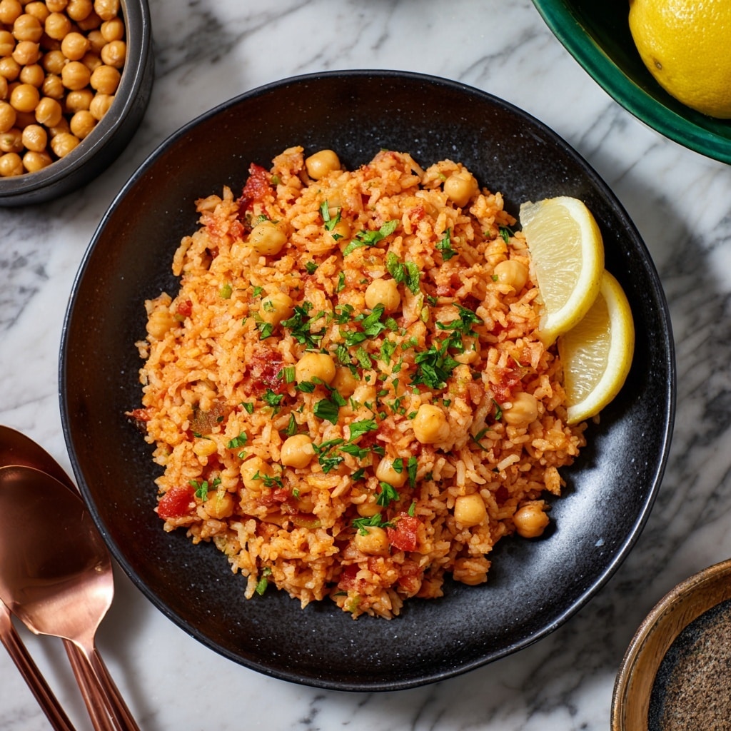 The image shows a black deep plate filled with a warm rice dish that has chickpeas mixed throughout. The rice is orange-red in color with a soft, slightly glossy texture from cooking, and small bits of tomato and onion are visible among the grains. Fresh chopped green herbs are sprinkled on top, adding a pop of color, and two lemon wedges rest on the edge of the plate. Behind the plate, there is a green bowl tipped over spilling dry chickpeas on a white marbled surface. Two copper utensils sit to the left side, enhancing the overall warm tone of the scene. Photo taken with an iphone --ar 4:5 --v 7